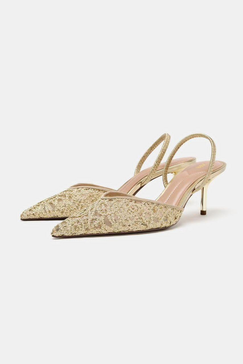 Golden Lace Slingback Heels