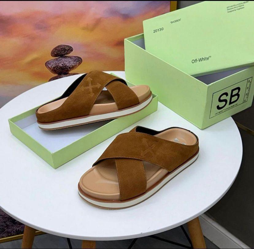 Off-White Suede Cross-Strap Slides - Chestnut Tan