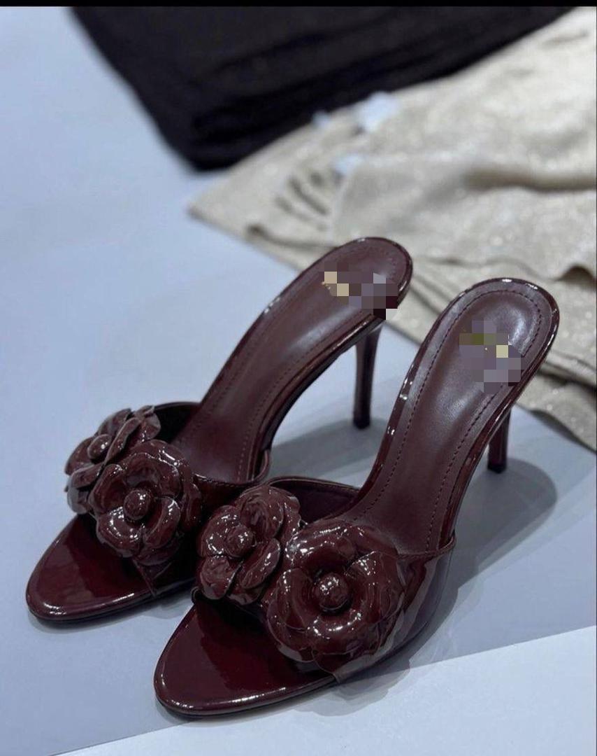 Burgundy Patent Leather Camellia Flower High Heel Mules