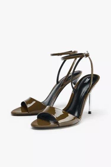 Zara Patent Olive Green Heeled Sandals with Metallic Stiletto Heel