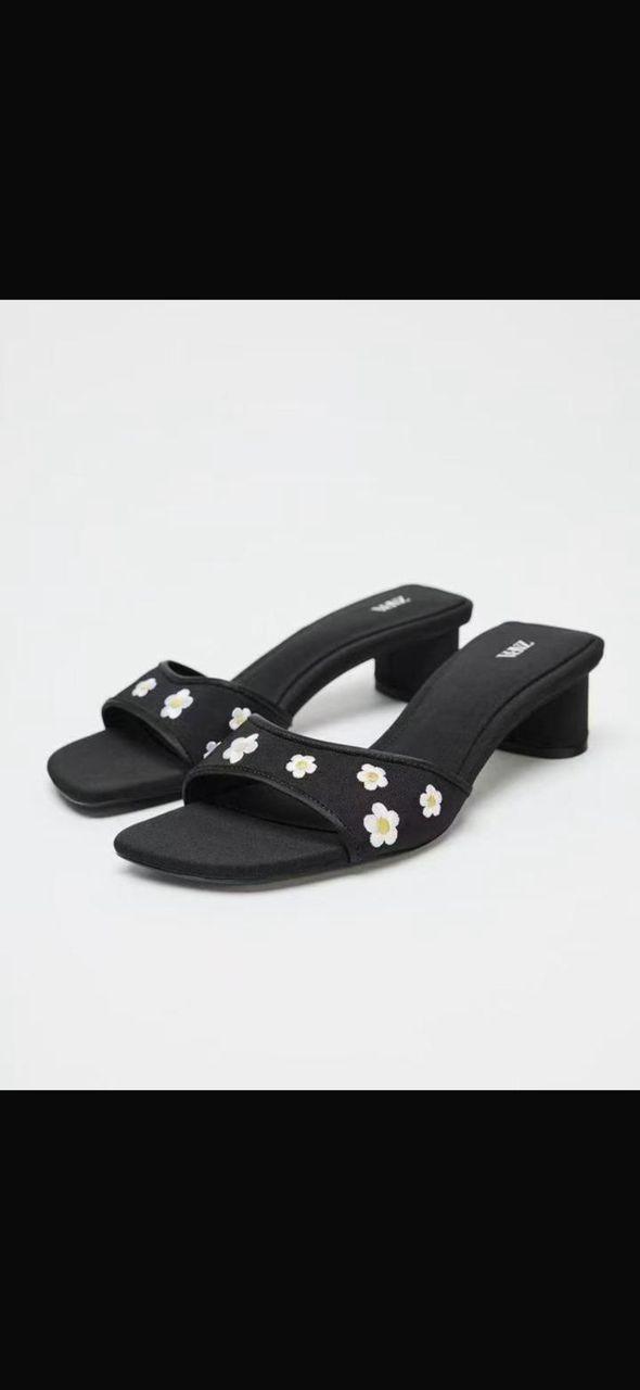 Zara Fabric Block Heel Mules with Daisy Embroidery