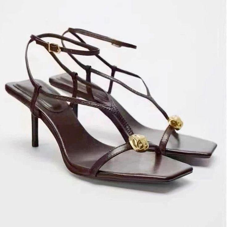 Brown Strappy Square Toe Sandals with Gold Lion Medusa Charm