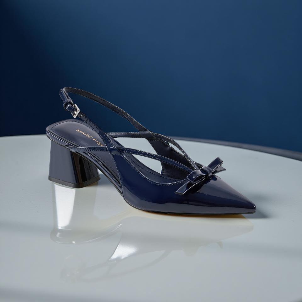 Marc Fisher Pointed Toe Bow Detail Block Heel Pump in Navy