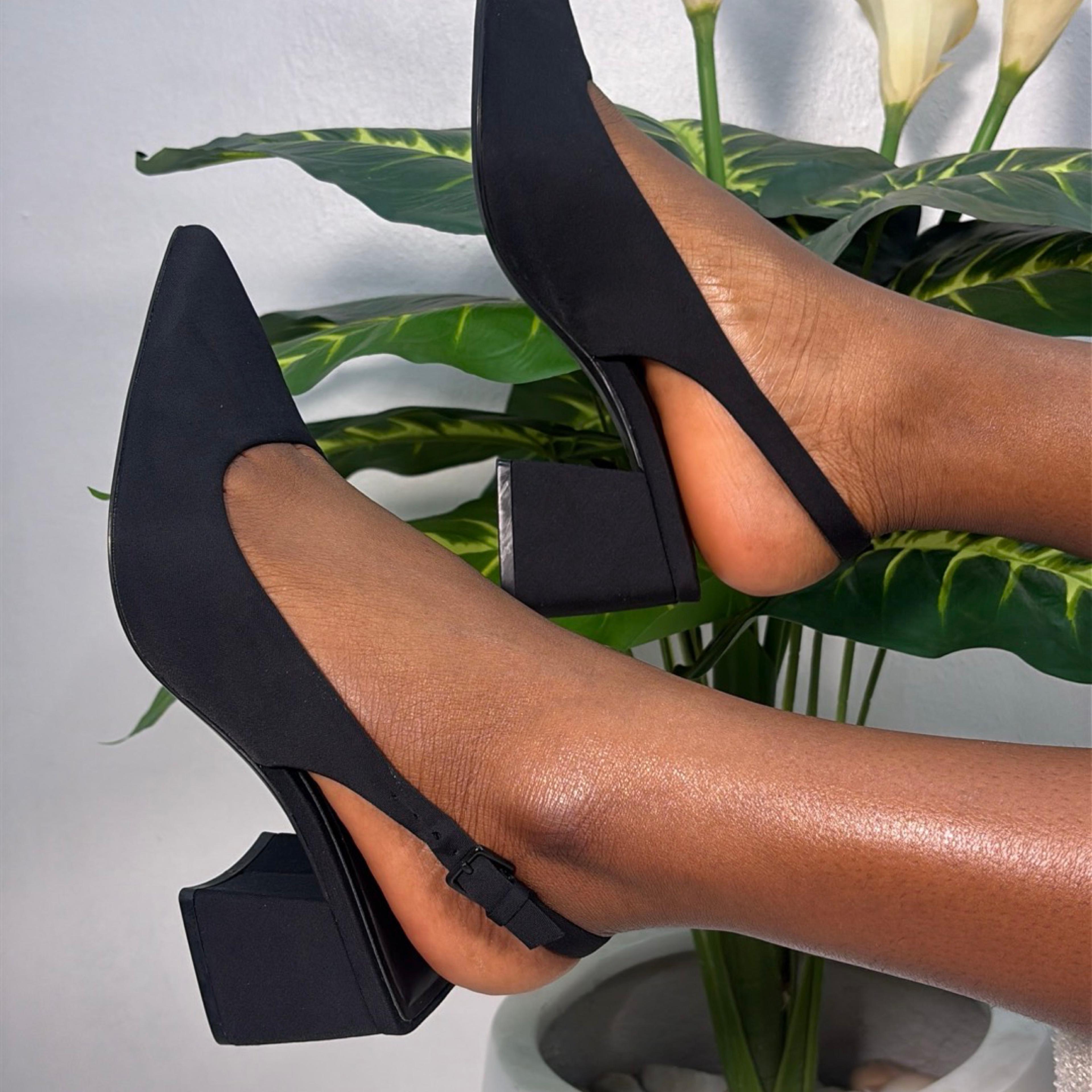 Stradivarius Pointed Toe Slingback Block Heel Pump in Black