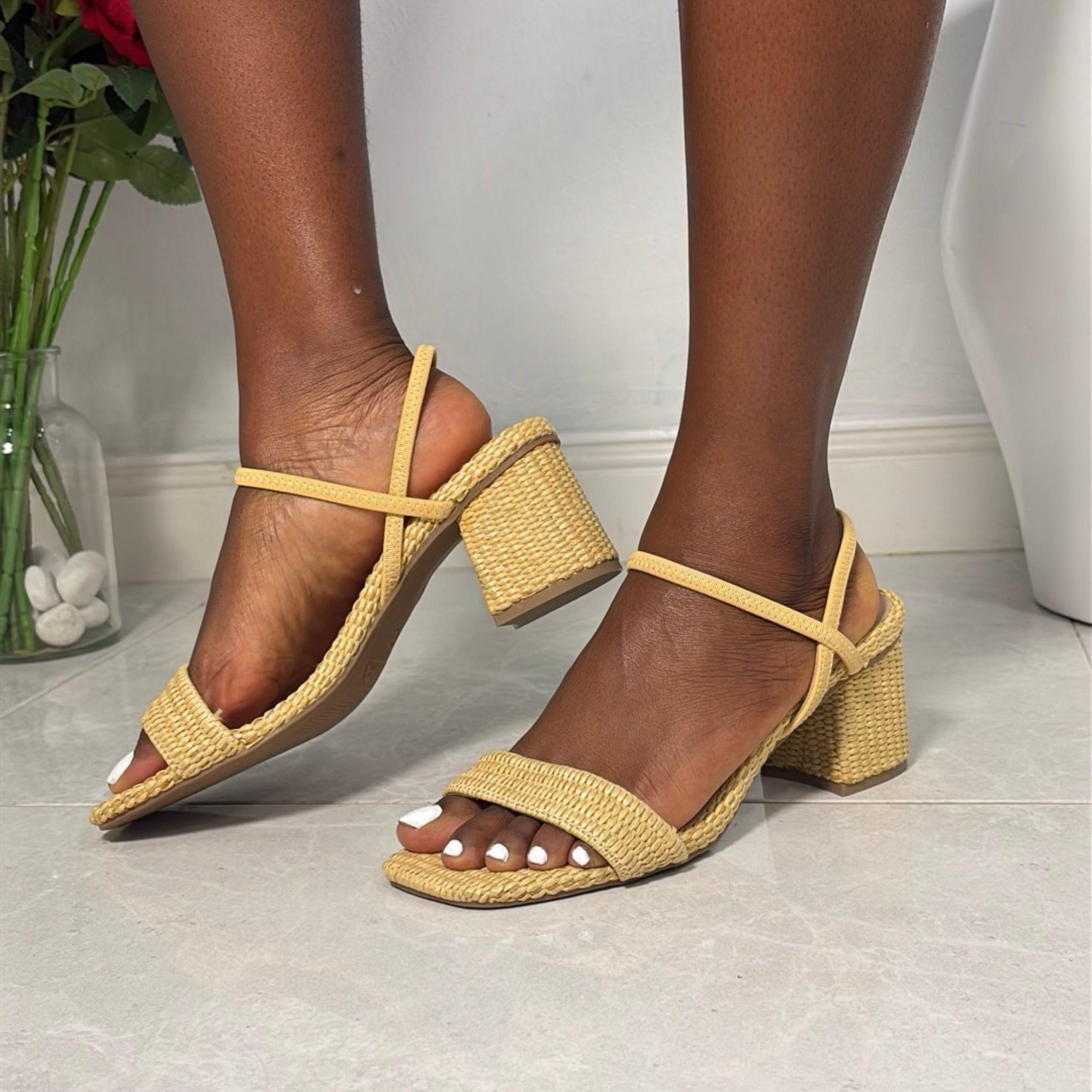 Mia Faux Rattan Block Heel Sandal is Buttercream