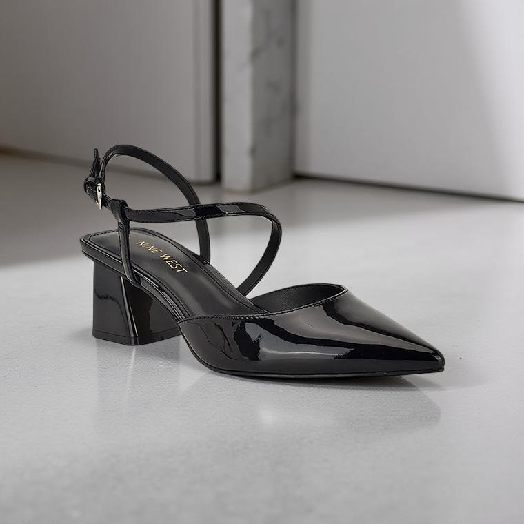 Nine West Patent Leather Pointed Toe Slingback Block Heel in Black